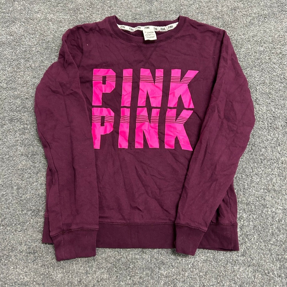 Pink Sweatshirt Womens Size XS Burgundy Crewneck Logo Graphic Pullover LS